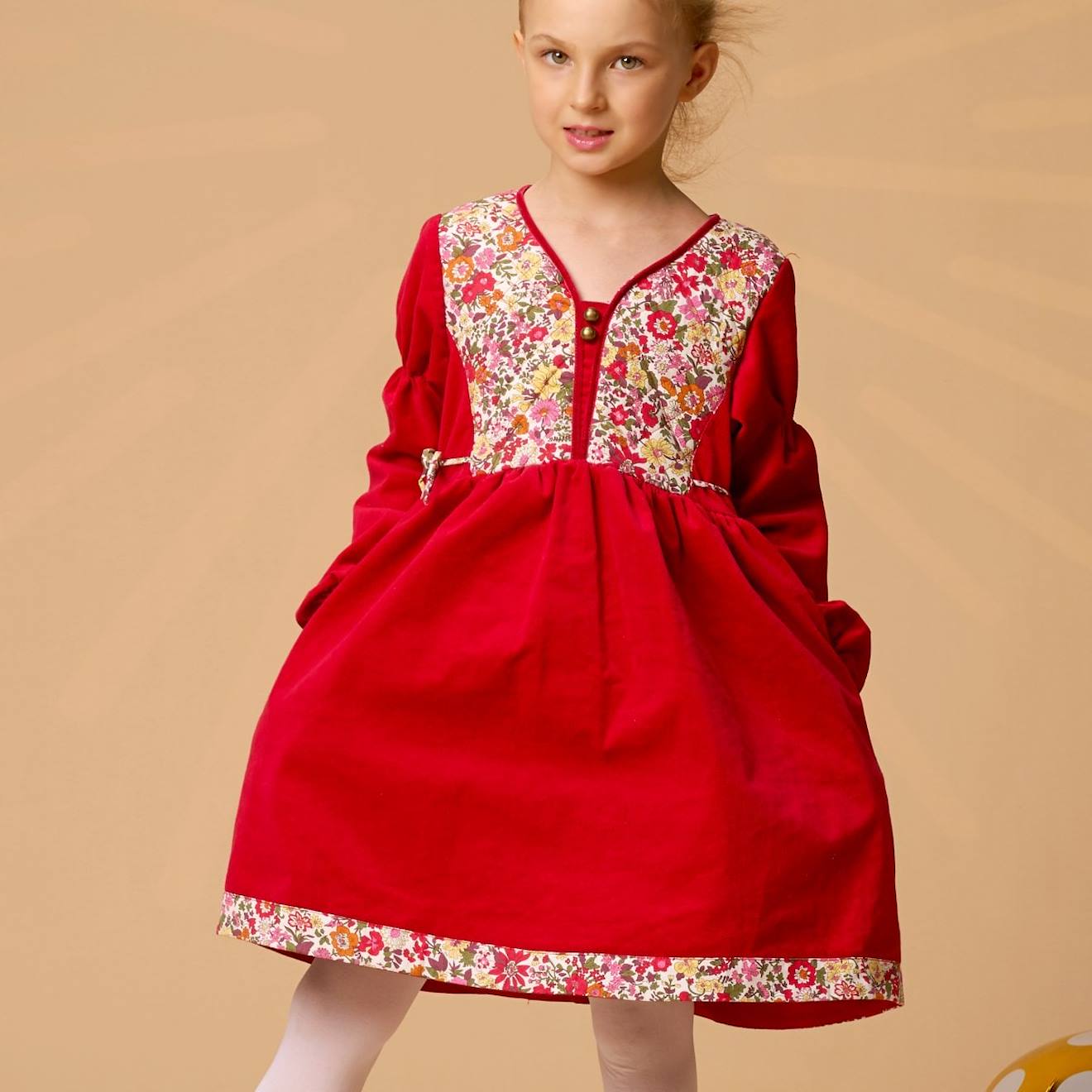 Robe De Noël Velours Fleuri Liberty Margot Rouge