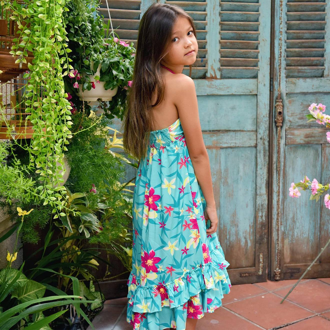 Robe longue été jersey fleurs hawaï tahiti bleu turquoise jaune fuchsia