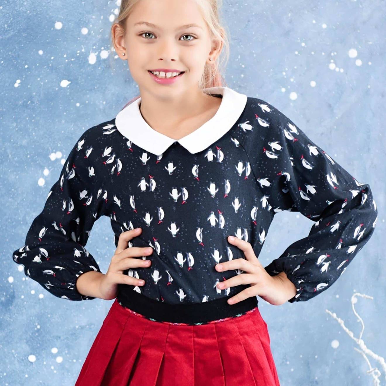 Blouse De Noël Pour Imprimé Fantaisie Pingouin Col Claudine Noir Blanc Rouge