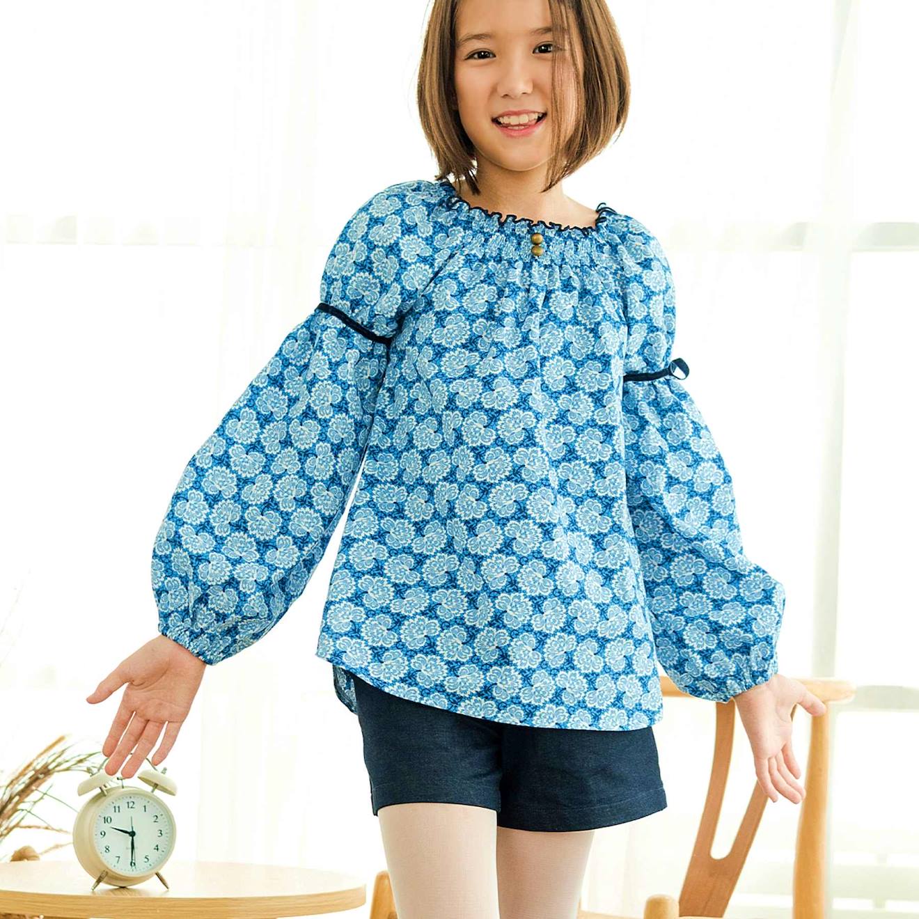 Blouse Fleurie Col Smocks Chimene Bleu Roi