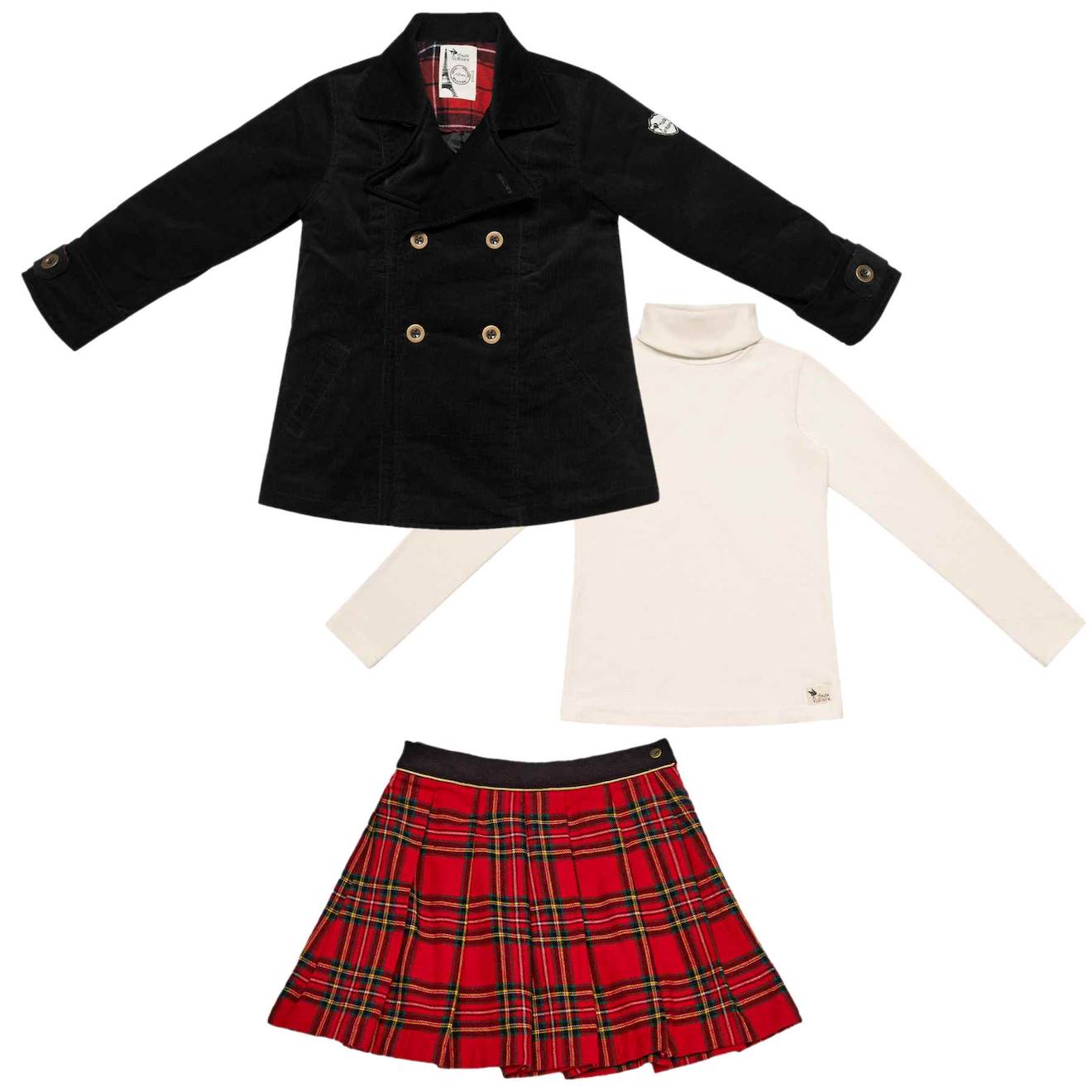 Cadeau Noël Caban + Jupe Plissée Tartan + Col Roulé Noir Rouge Beige