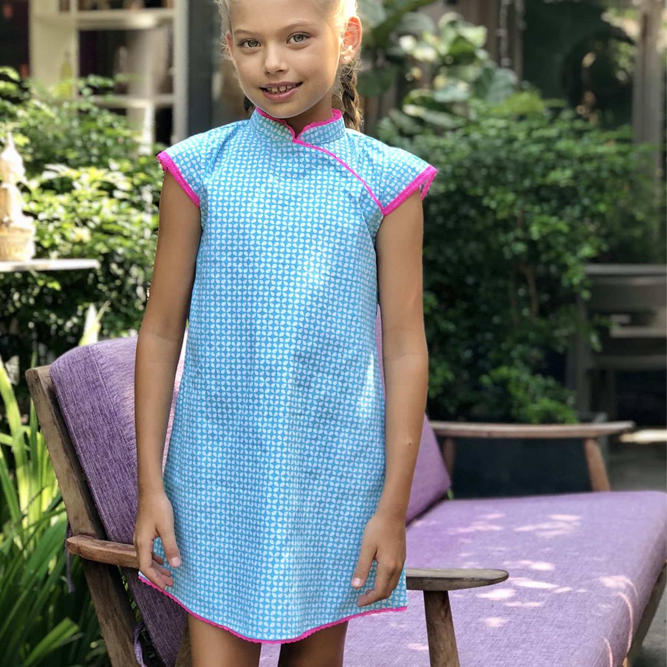 Robe Chinoise Annam Bleu Turquoise Fuchsia