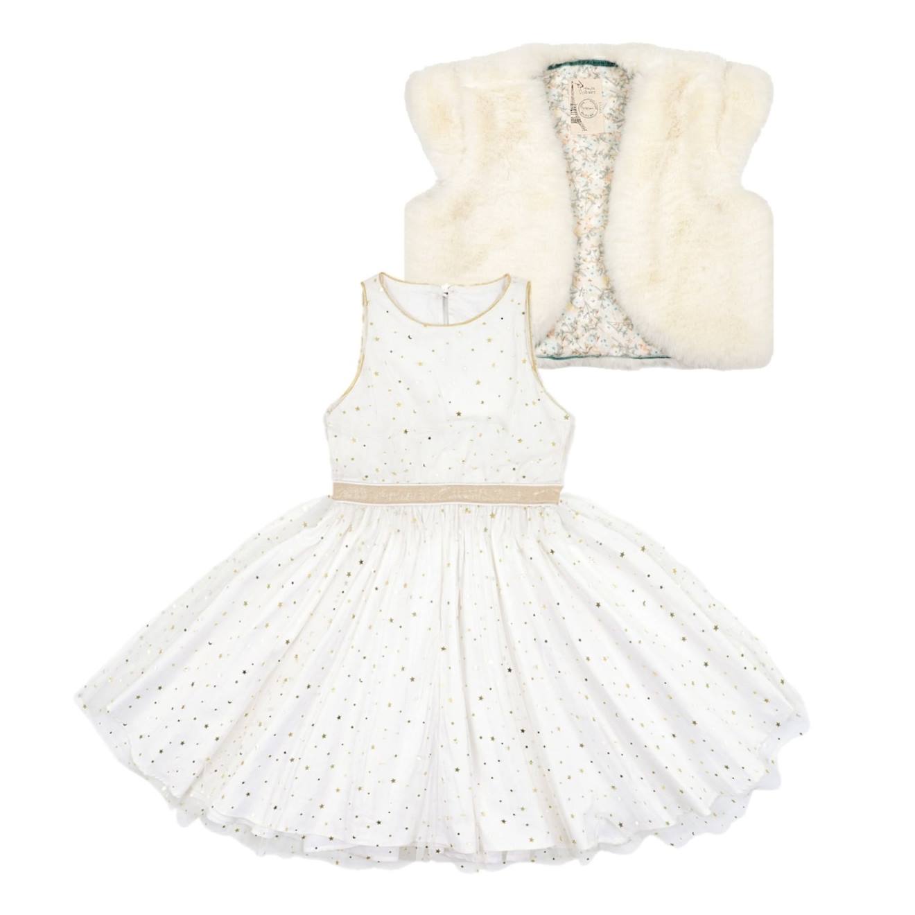 Ensemble Robe Soirée + Veste Fausse Fourrure Beige Doré
