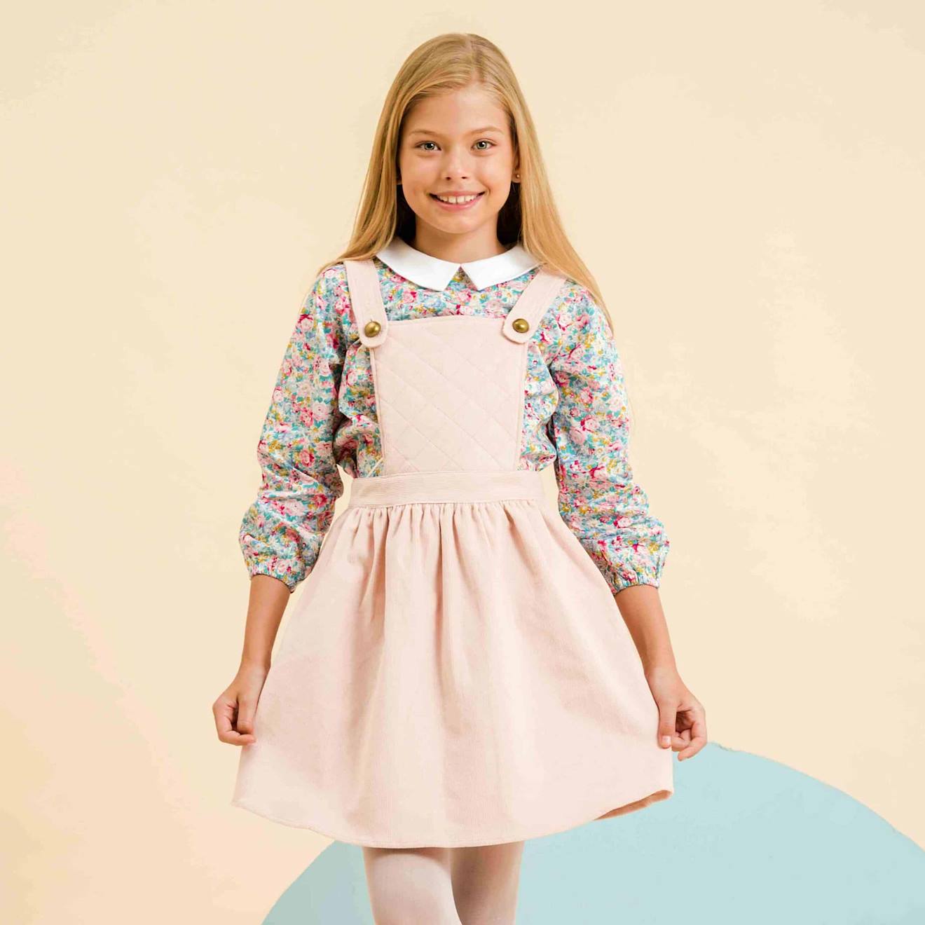 Robe Salopette Velours Ecolière Rose Pastel