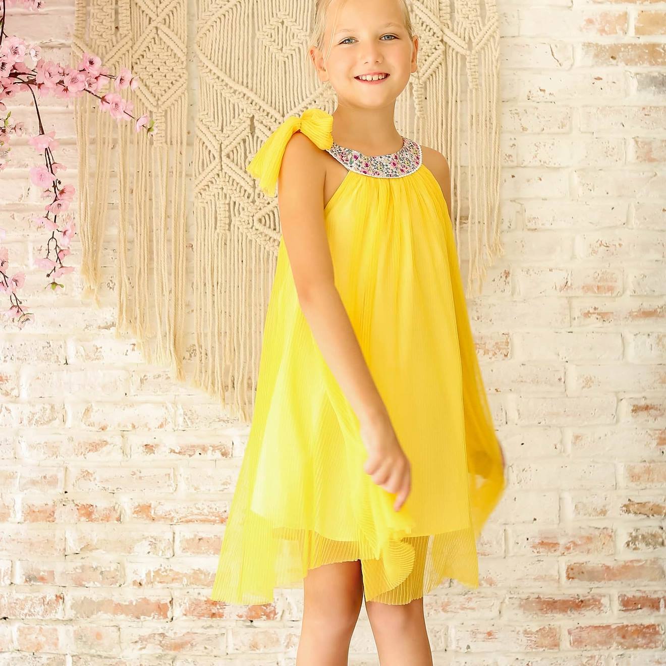 Robe Cérémonie Voile Col Fleuri Liberty Alizee Jaune Lilas Fleuri