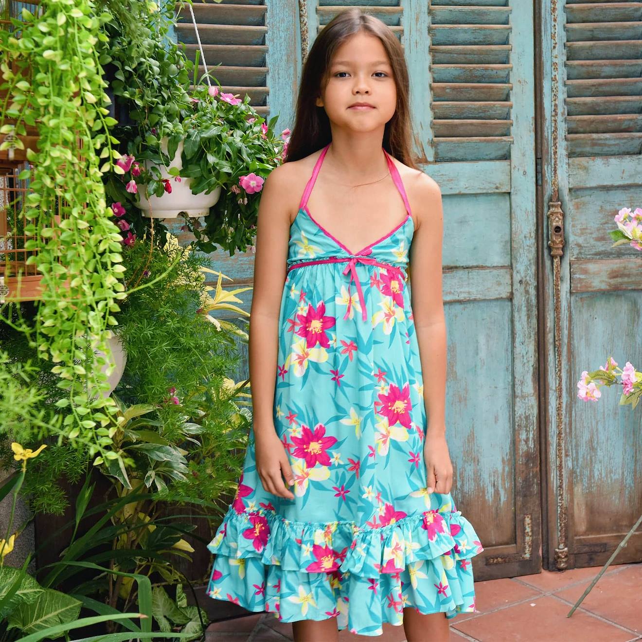 Robe Longue Fleurs Hawaï Turquoise Tahiti Bleu Turquoise Jaune Fuchsia
