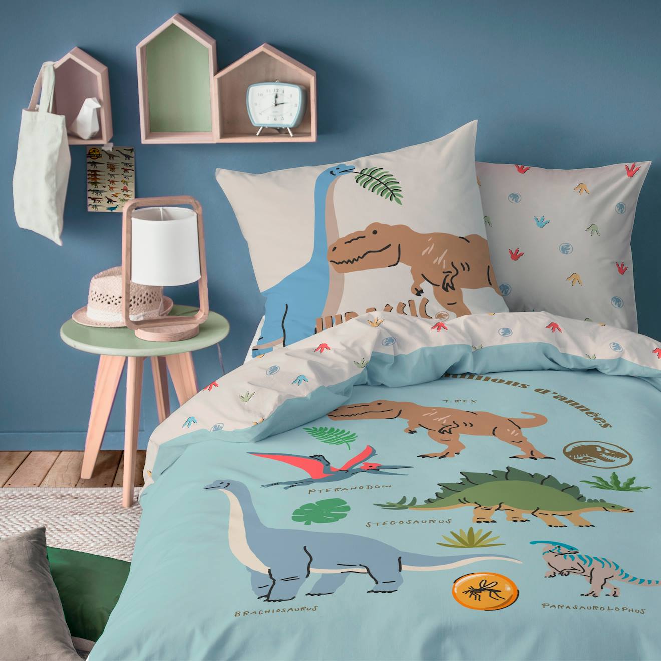 Parure De Lit Imprimée Dinosaures 100% Coton, Jurassic World Sicju Bleu