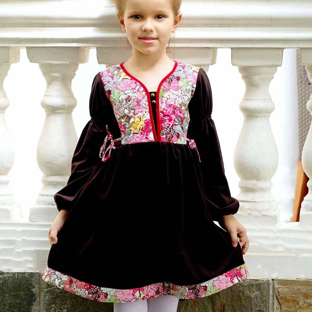 Robe Hiver Velours Fleuri Liberty Margot Marron Rouge