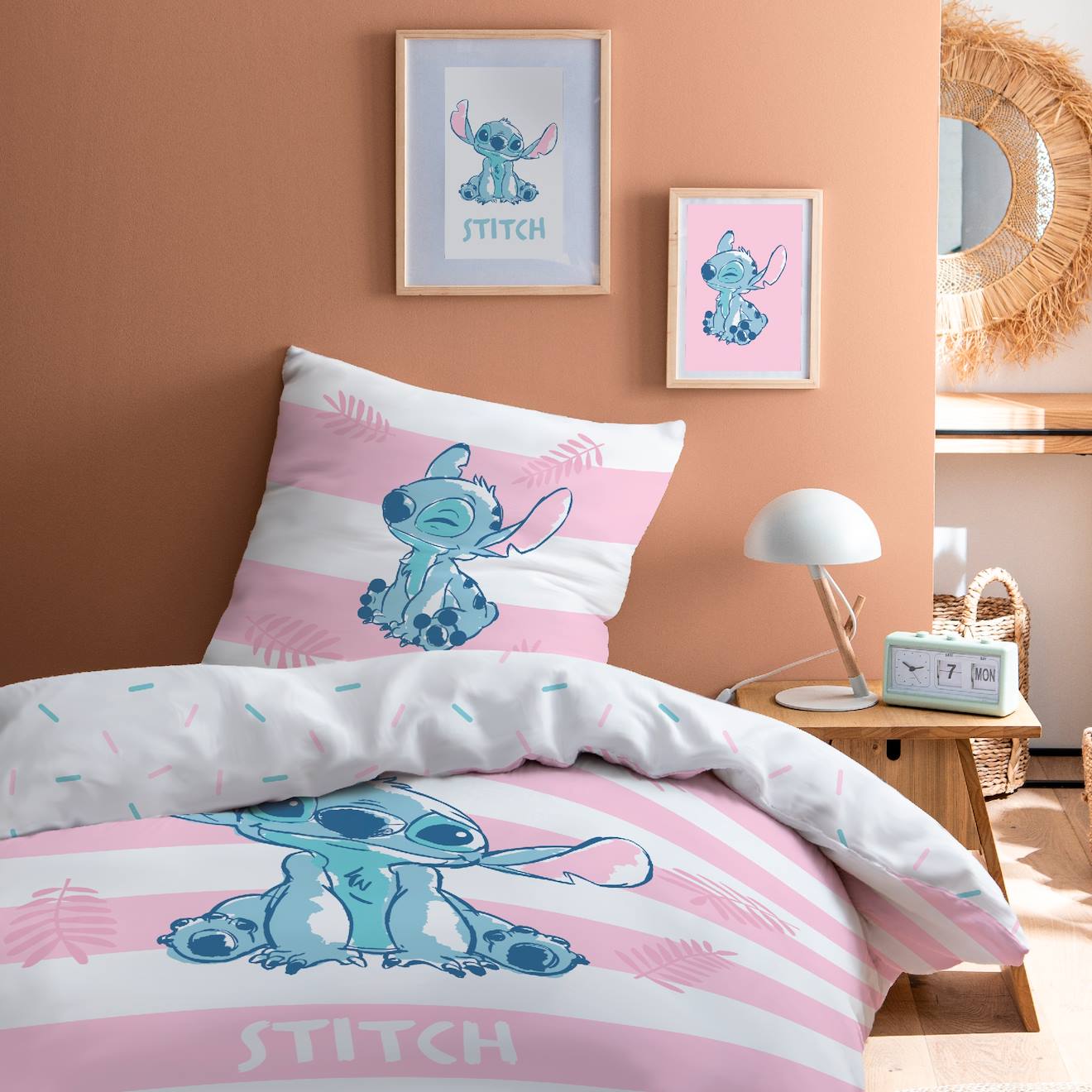 Parure De Lit Imprimée 100% Coton, Disney Home Stitch Stripe Blanc, Rose