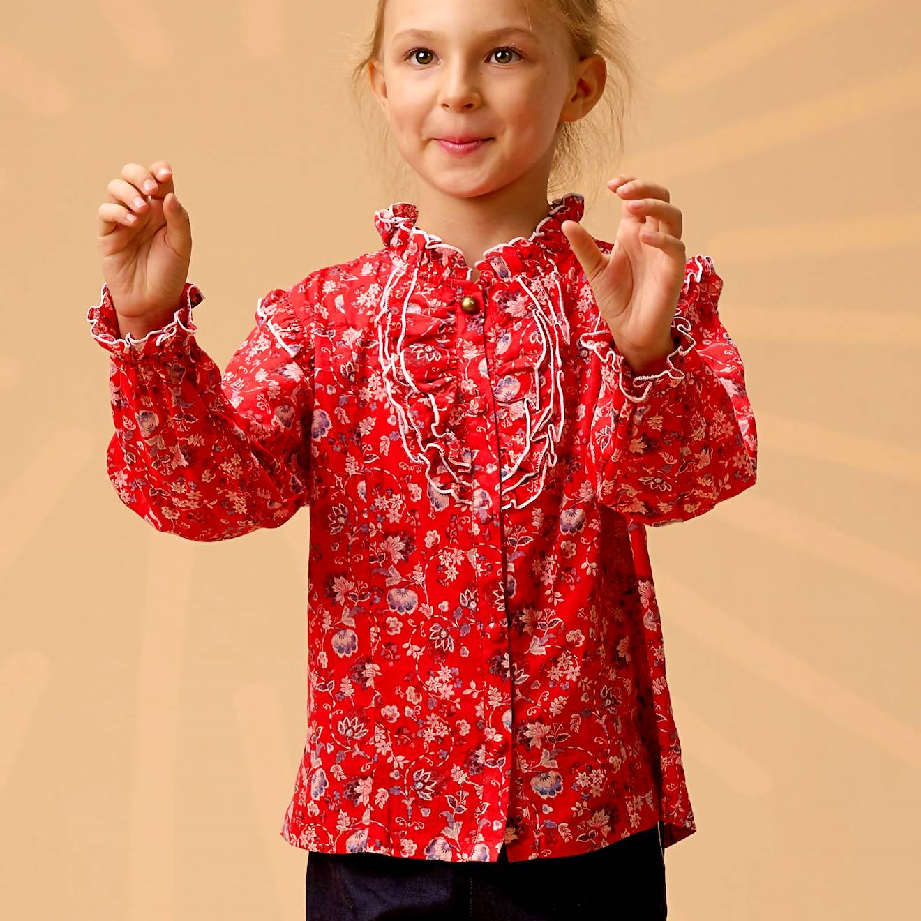 Blouse Noël Fleurie Col À Volants Lili Rose Rouge