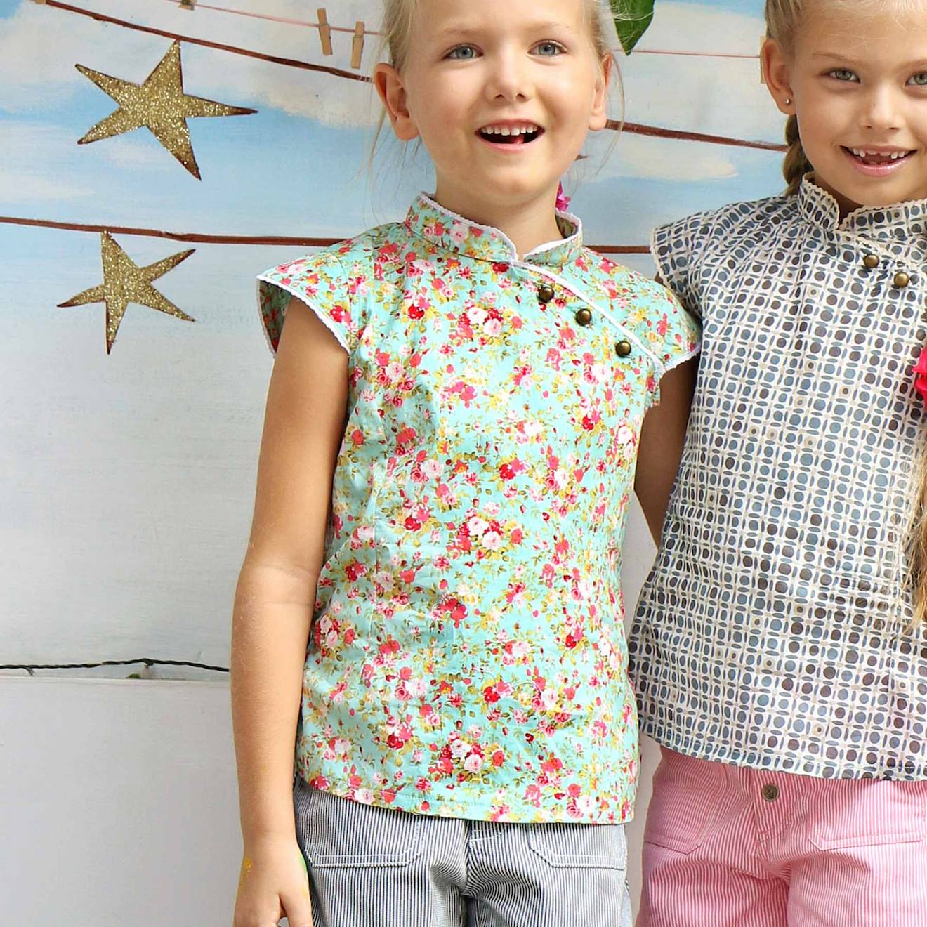 Blouse Chinoise À Col Mao Fleurie Liberty Annam Vert D'eau Rouge