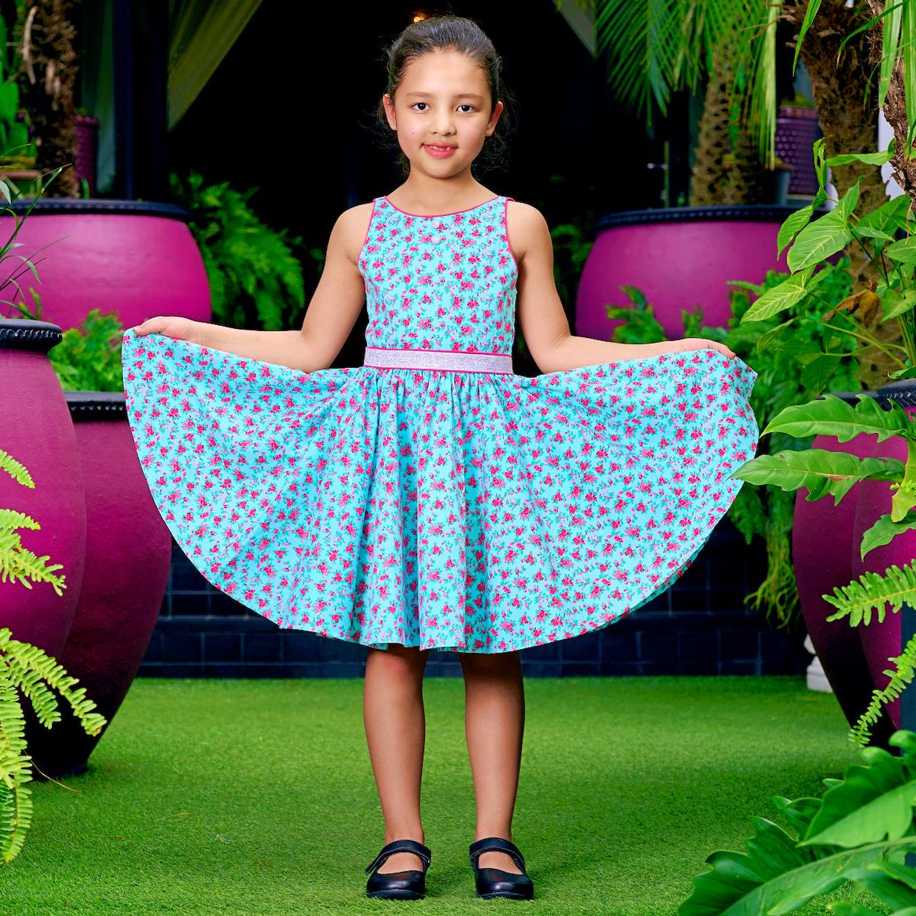 Robe Cérémonie Fleurie Hepburn Bleu Turquoise Rose Fuchsia