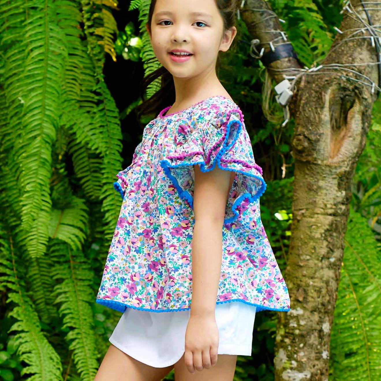 Blouse Été Fleurie Manches Papillons Butterfly Violet Bleu