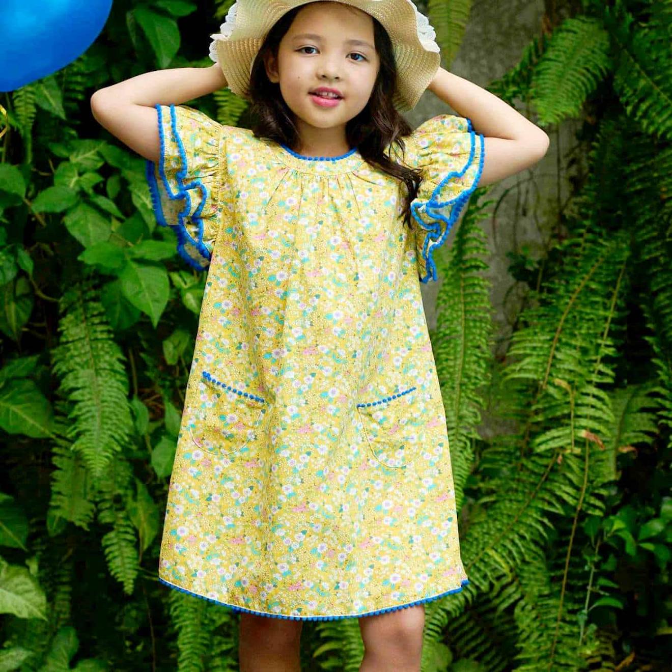 Robe Cérémonie Coton Palmiers Butterfly Jaune Bleu