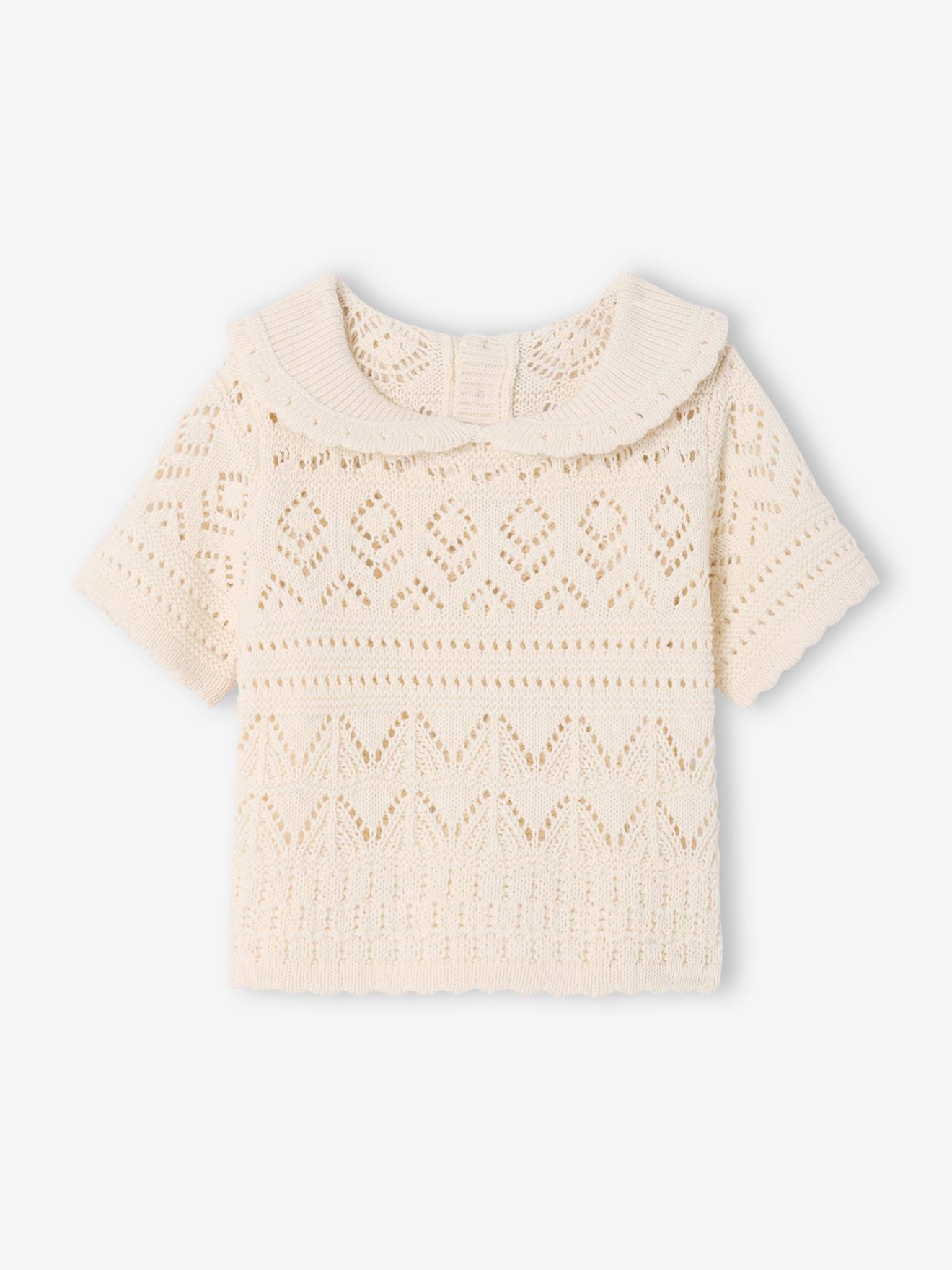 Pull bébé manches en crochet vanille