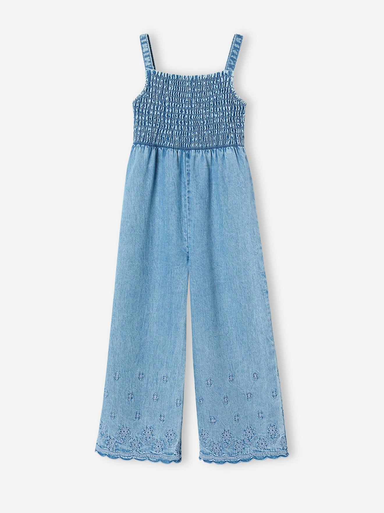 Combinaison à mocks brodée fleurs fille en denim léger bleu clair
