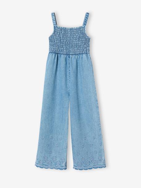 Combinaison à mocks brodée fleurs fille en denim léger  - vertbaudet enfant