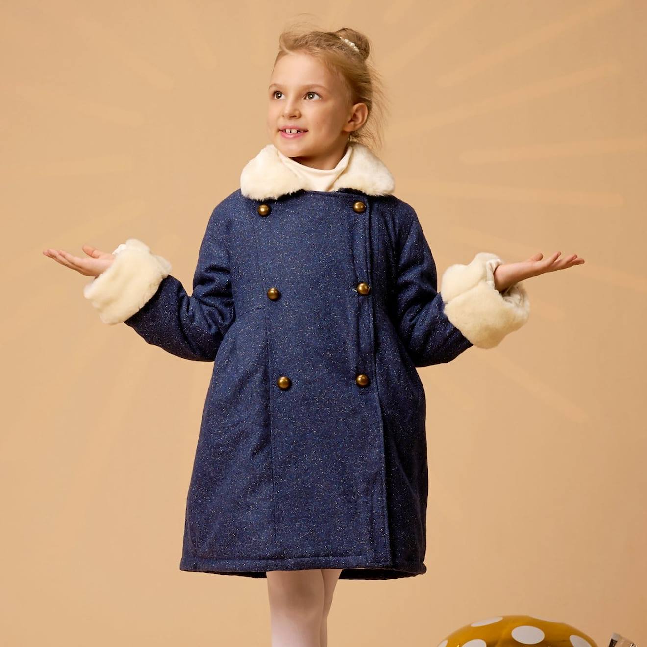 Manteaueau Laine Tweed Fausse Fourrure Anoushka Bleu Marine
