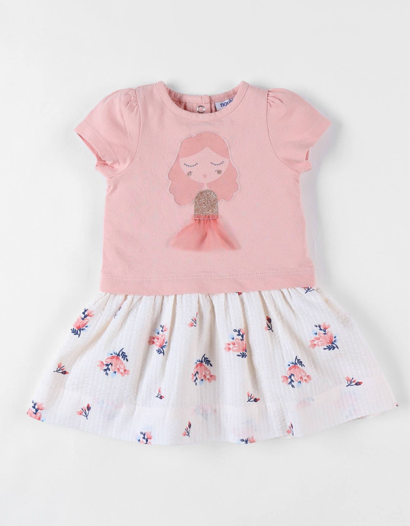 Robe Bi-matière À Manches Courtes Impression Fleurie Rose