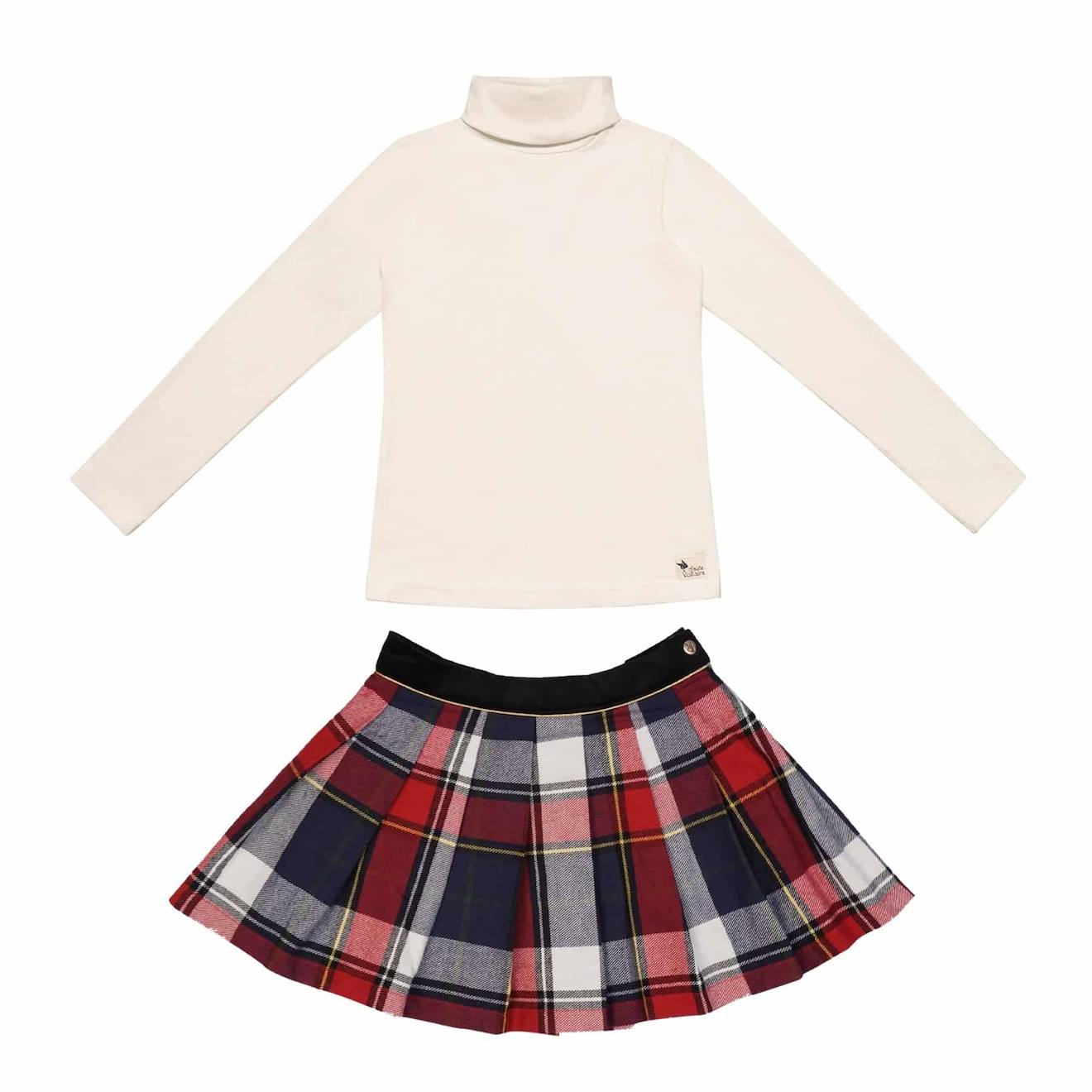 Ensemble Hiver Jupe Écossaise Carreaux Tartan Bleu & Sous-pull Bleu Marine Rouge