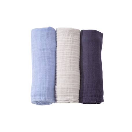 Trois Kilos Sept - 3 Langes Mousseline De Coton Bleu