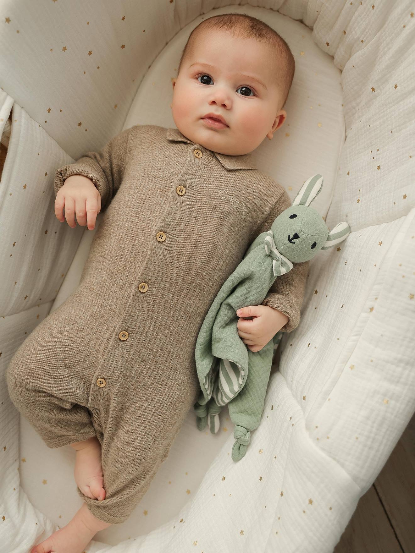 Combinaison naissance en laine et cachemire personnalisable beige chiné