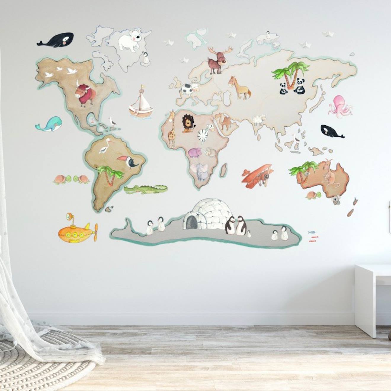 Sticker Mural Enfant World Map Xl Animals Multicolore