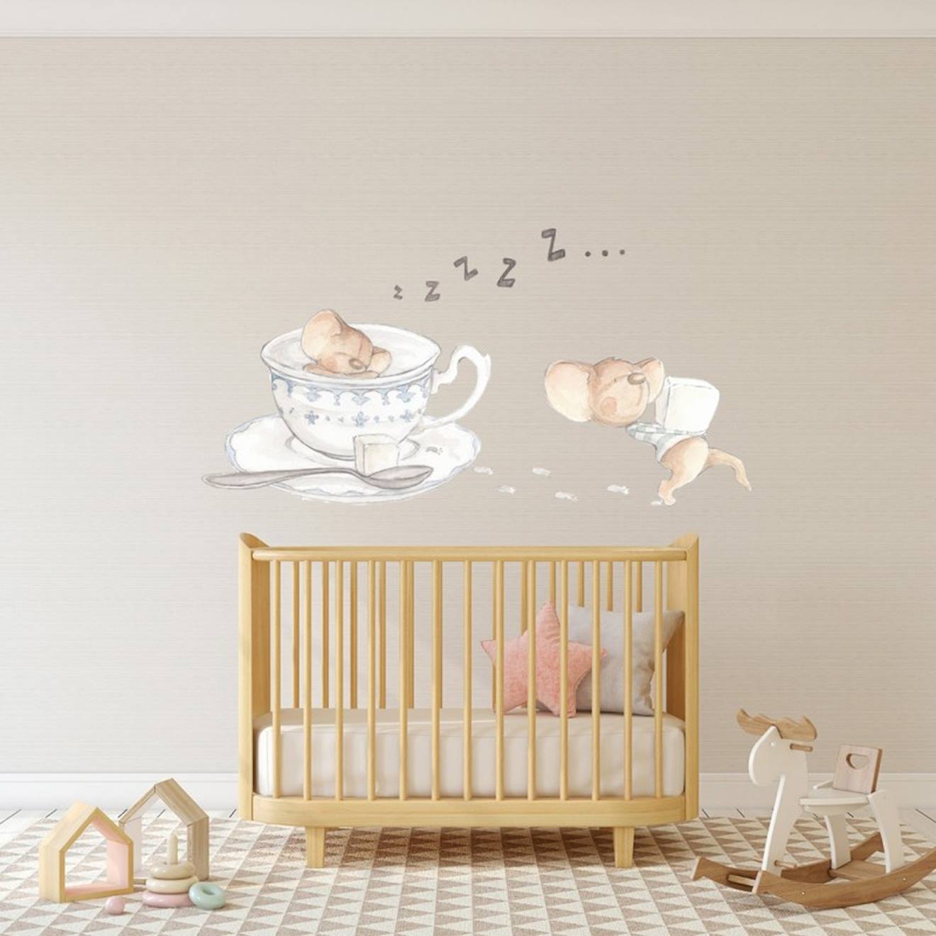 Sticker Mural Enfant Petites Souris Tea Time Multicolore