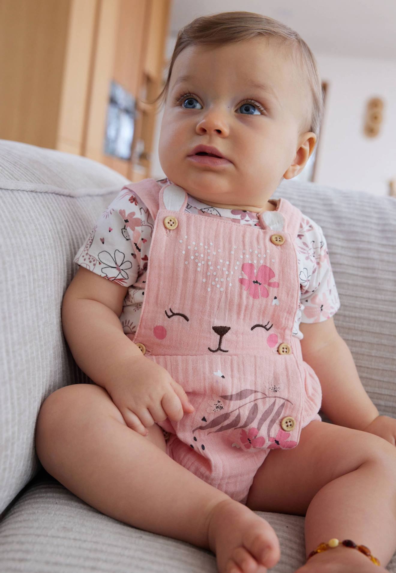 Ensemble Salopette Bébé En Gaze De Coton Et T-shirt Petit Safari Rose