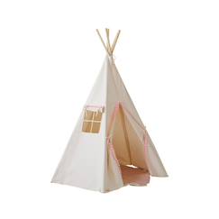 Jouet-Jeux d'imitation-Tente tipi fluffy pompoms avec tapis  en coton