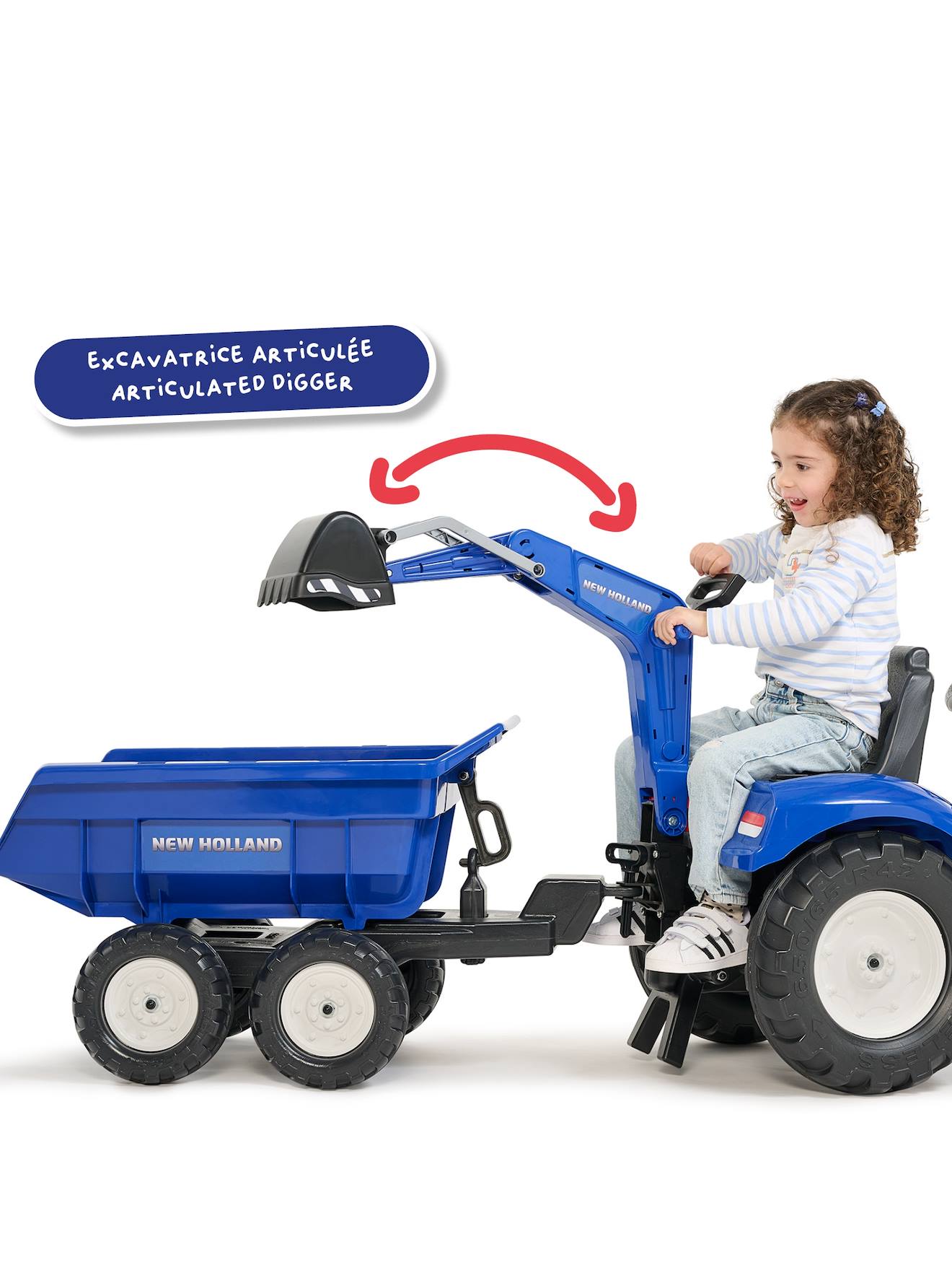 FALK - Tractopelle à pédales New Holland avec excavatrice et remorque basculante - Dès 3 ans - Fabriqué en France - pelle frontale et excatrice articulées - Remorque basculante - Siège rotatif - 3090W