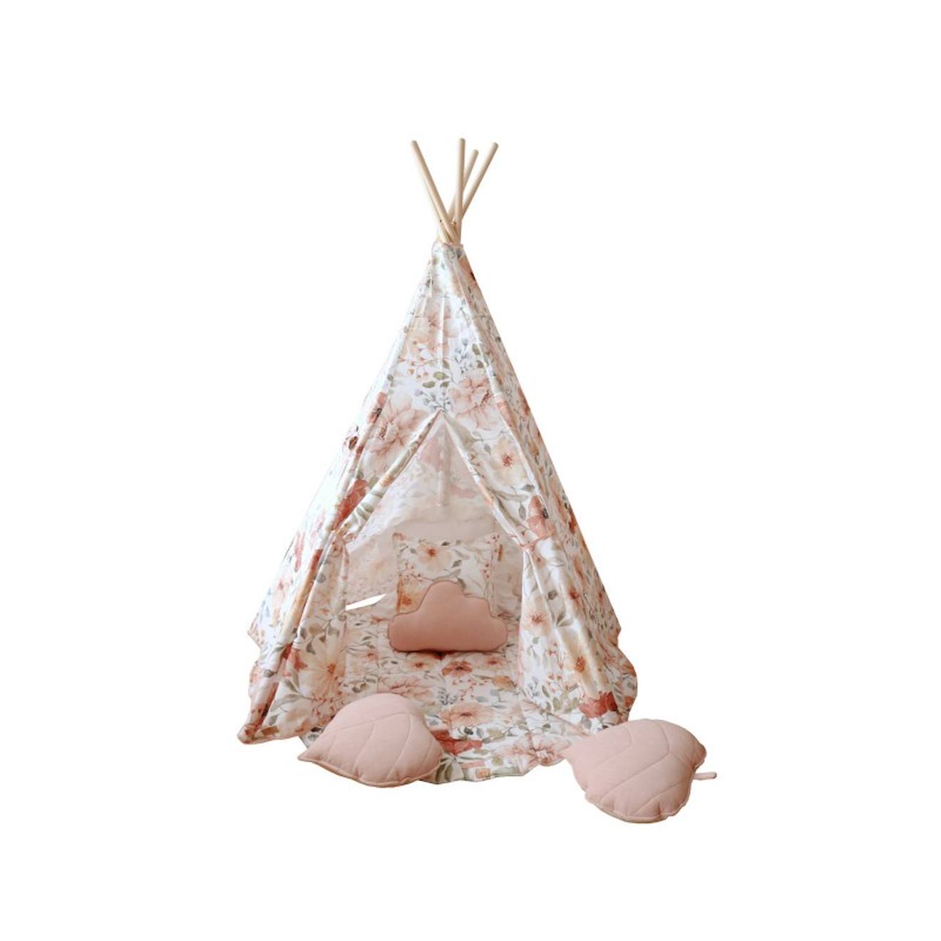 Tente tipi avec tapis flower power en coton beige