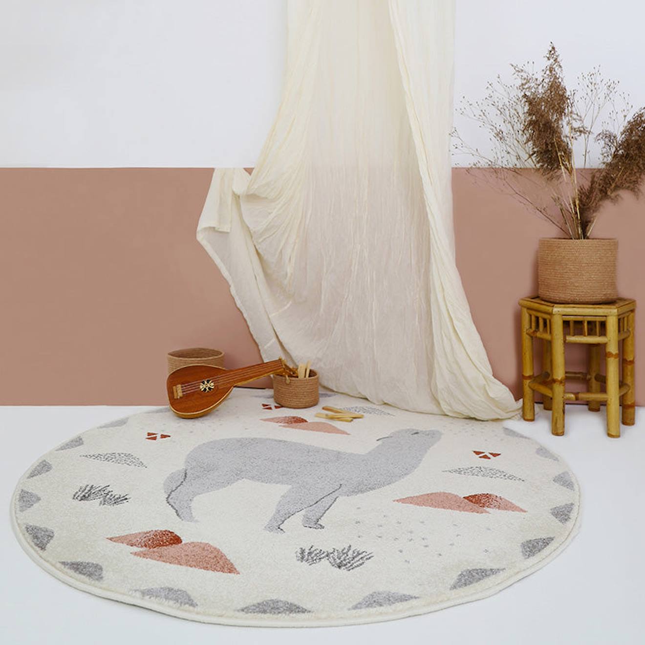Tapis Chambre Enfant Petit Lama Andina Rond Multicolore