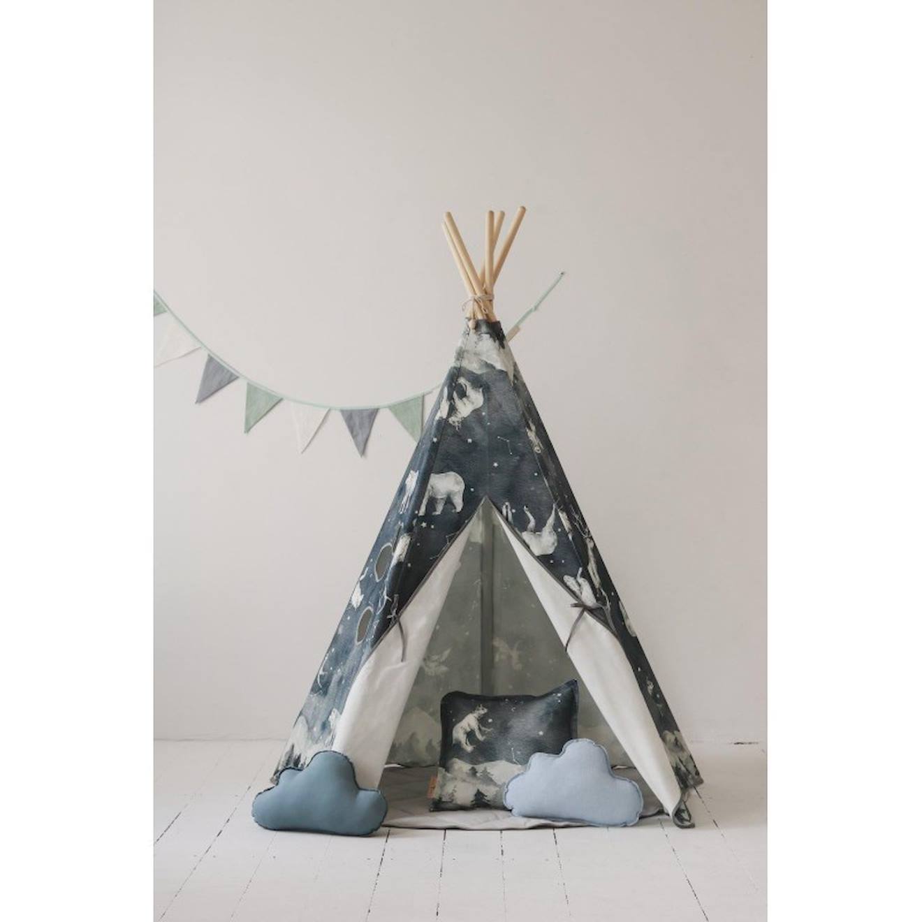Tente Tipi Enfants Motif Étoilé 80x80x109 Cm Avec Rideau Et Lucarne - Coton Lin Pompons Pour Jeux Intérieur