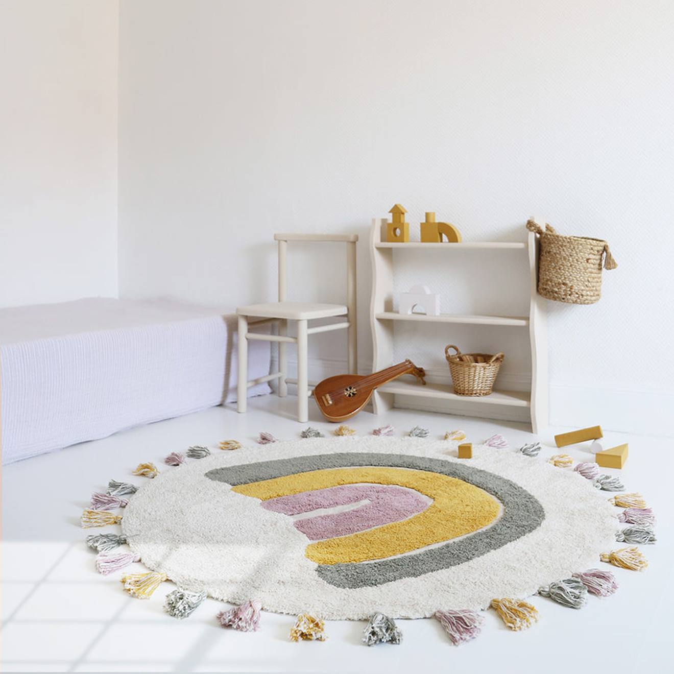 Tapis Enfant Arc En Ciel Avec Pompons Rainbow Multicolore