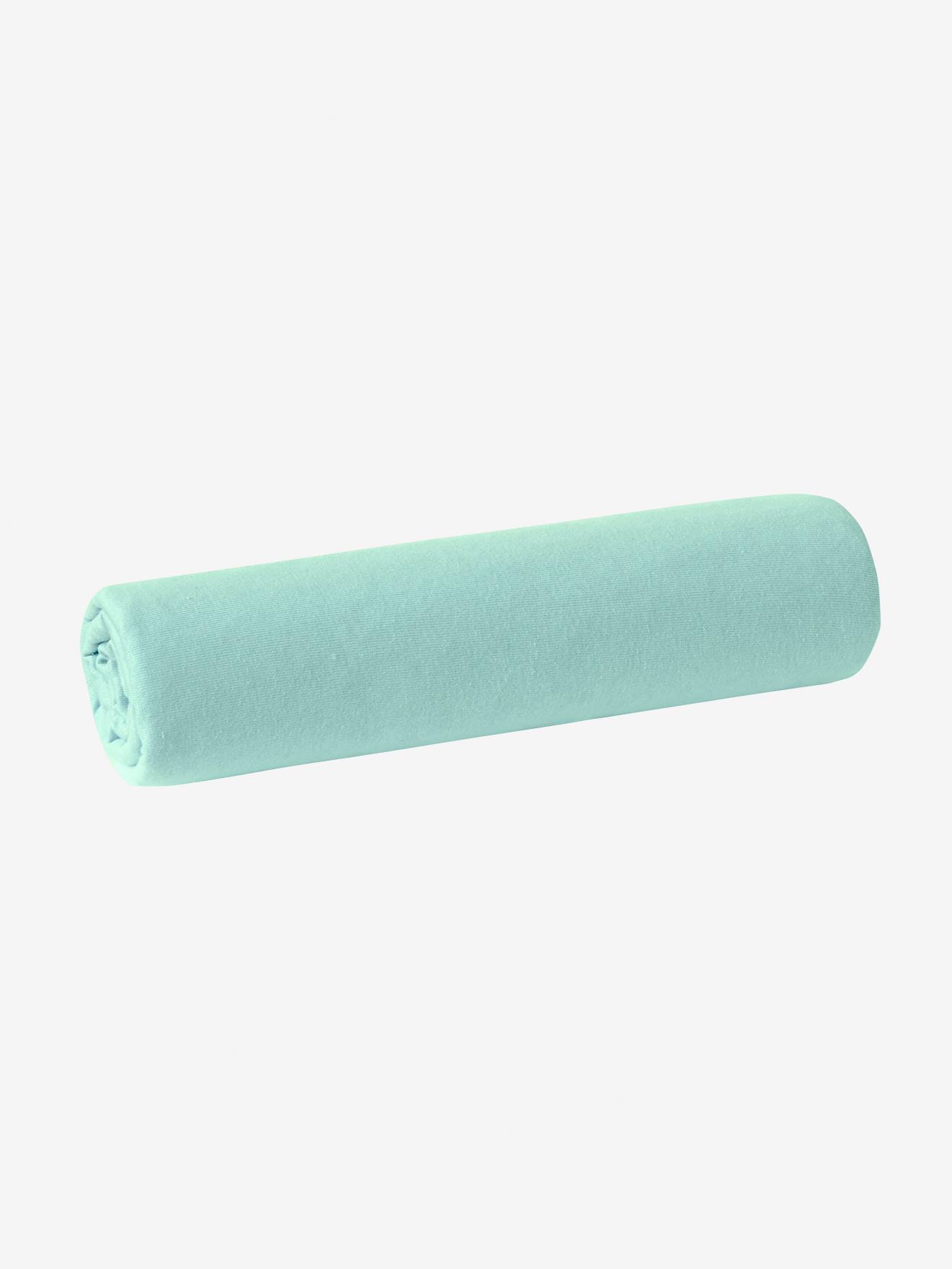 Lot de 2 draps-housses bébé en jersey extensible bleu vert + blanc (Vertbaudet) - Image 1