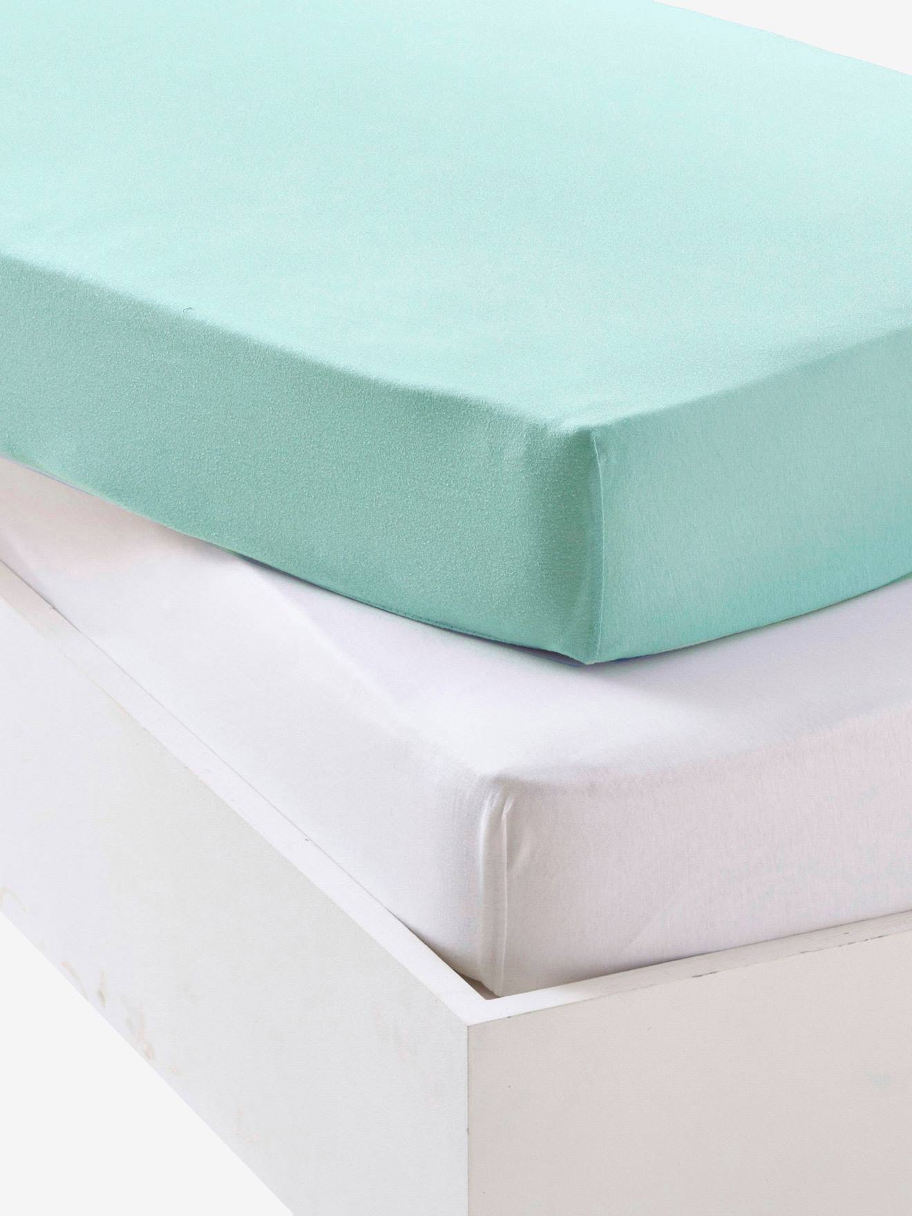 Lot de 2 draps-housses bébé en jersey extensible Oeko-Tex® bleu vert + blanc - Vertbaudet