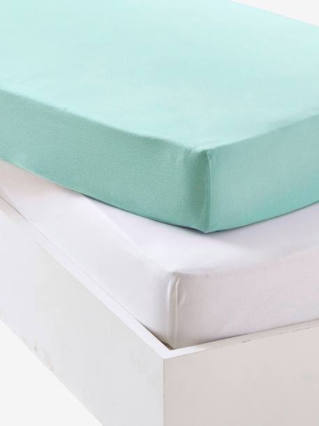 Vertbaudet - Lot de 2 draps-housses bébé en jersey extensible bleu vert + blanc