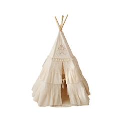 Jouet-Jeux d'imitation-Tente tipi avec franges et tapis boho en coton caramel