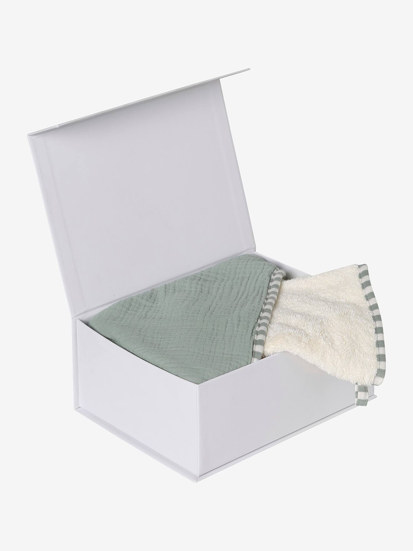 Coffret cadeau naissance cape de bain réversible personnalisable et gant vert sauge (Envie De Fraise) - Image 2