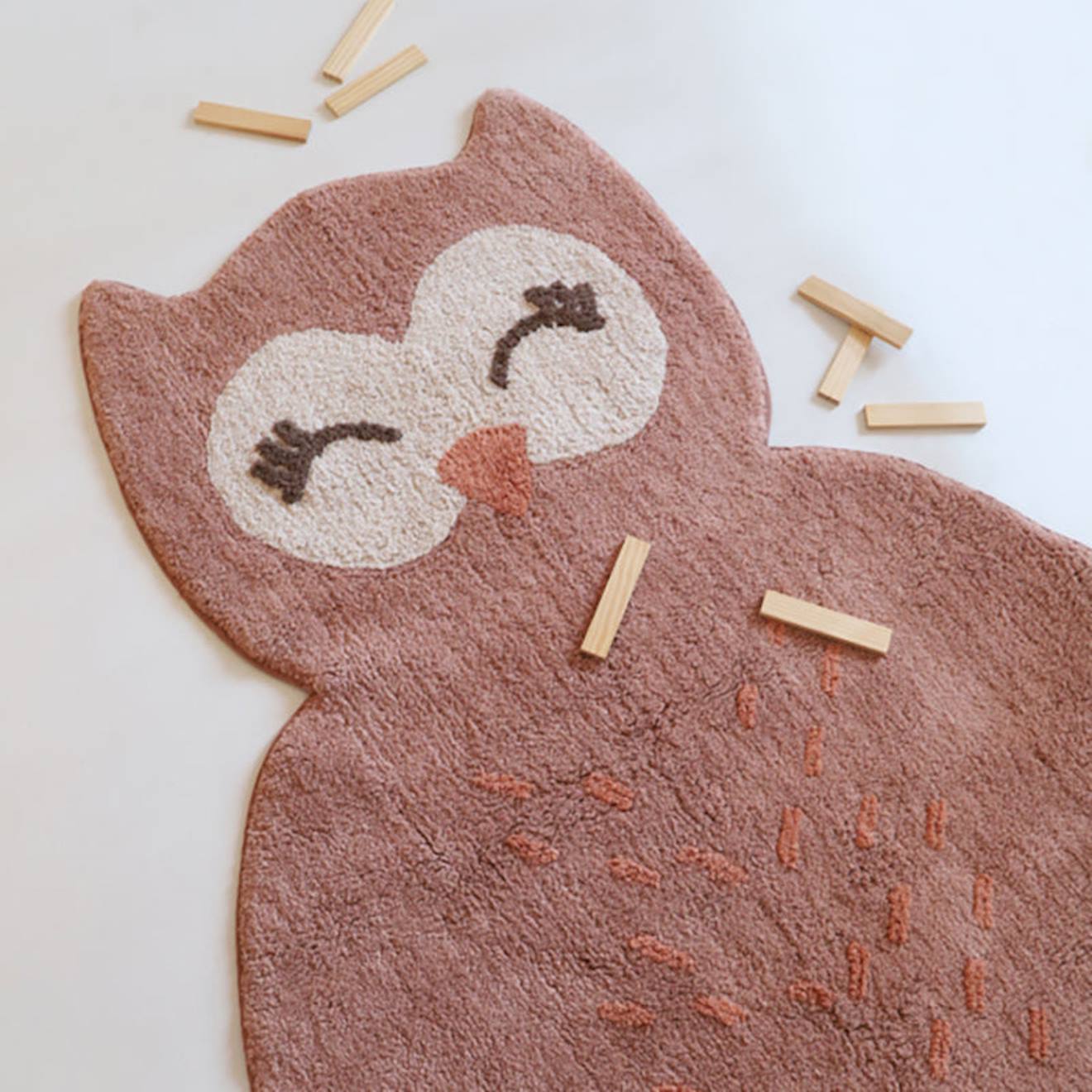 Tapis Chambre Enfant Coton Lavable Petit Hibou Little Pepa Brun Rosé