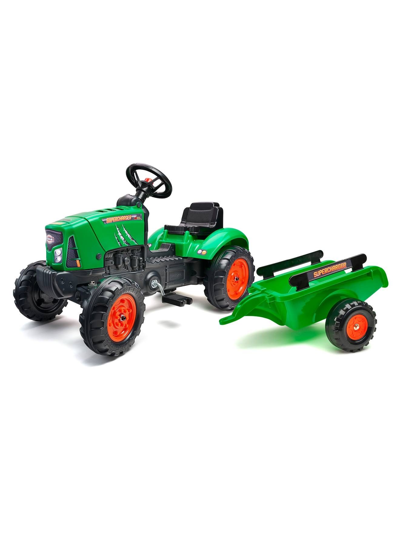 Tracteur À Pédales Supercharger Avec Capot Ouvrant Et Remorque Vert