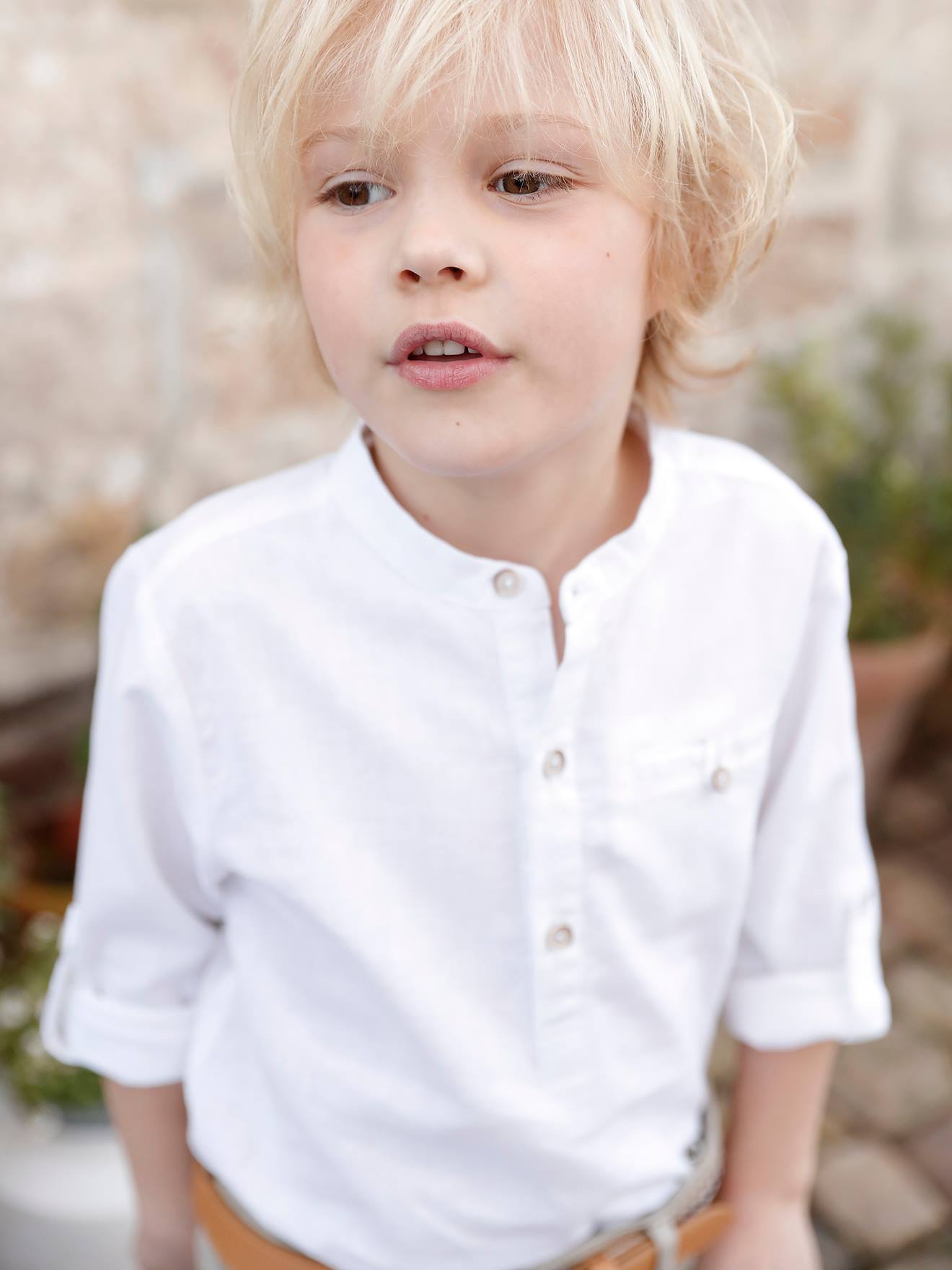 Chemise col Mao en coton/lin garçon manches retroussables blanc