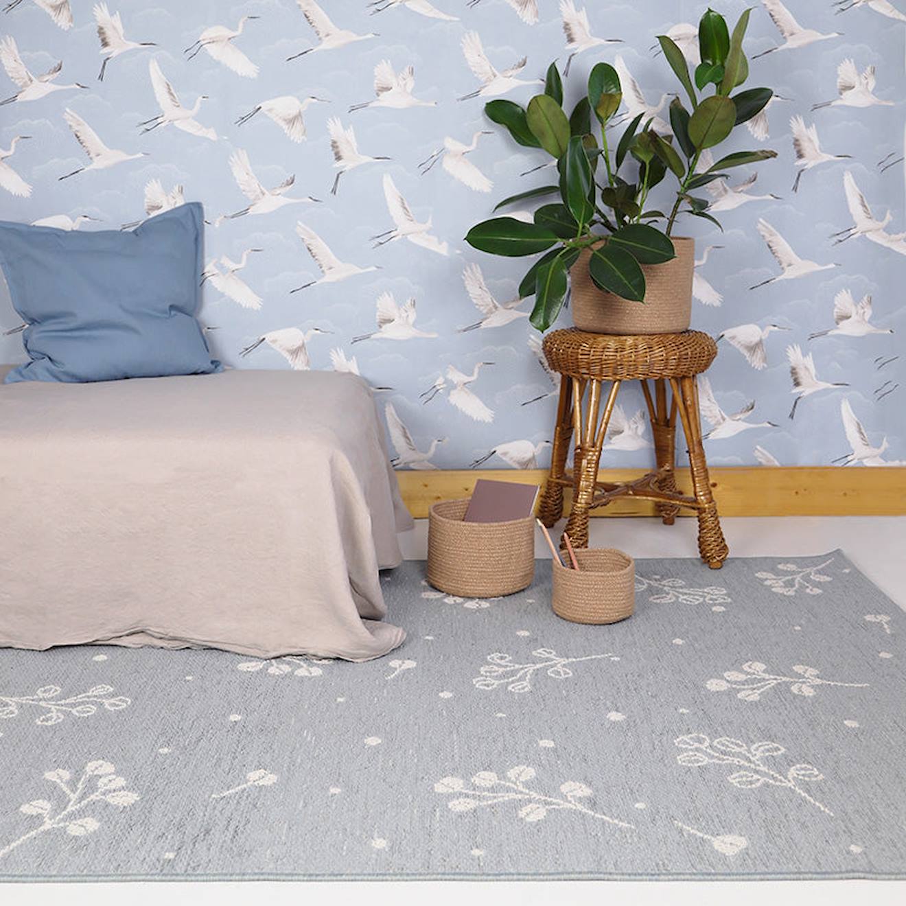 Nattiot - Tapis Motif Végétal Little Nature Bleu Gris