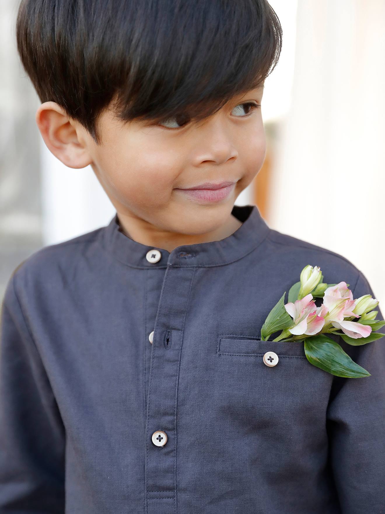 Chemise col Mao en coton/lin garçon manches retroussables bleu ardoise