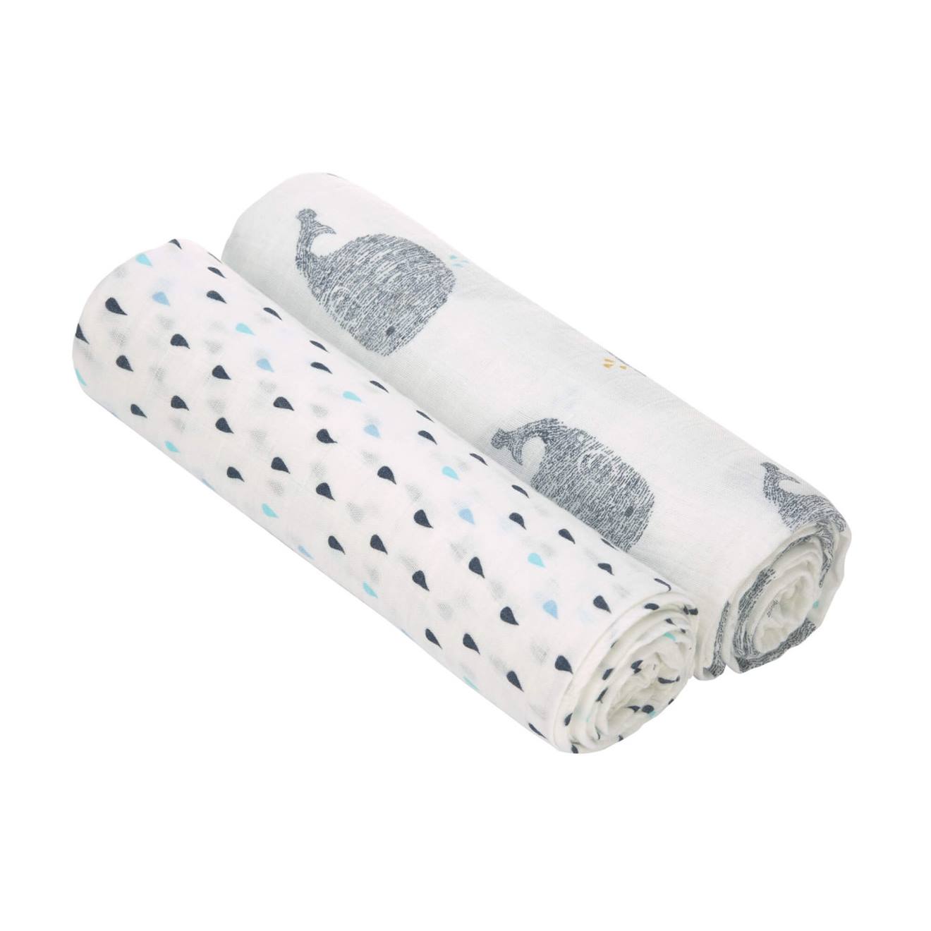 Lot De 2 Maxi Langes En Mousseline Blanc Et Bleu