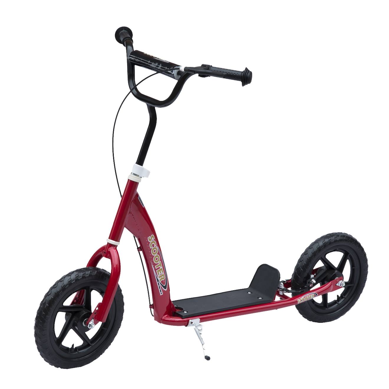 Trottinette Patinette Pneus 30 Cm Hauteur Guidon Réglable Poignée Frein Et Béquille Acier Rouge