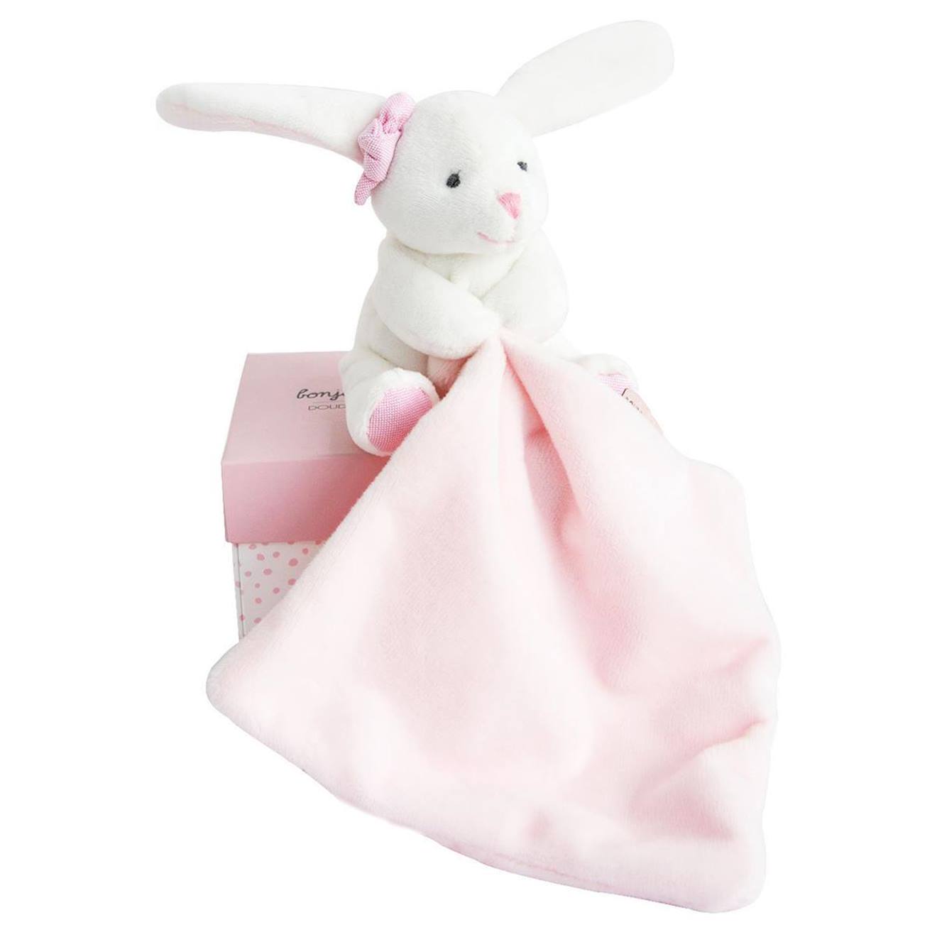 Doudou Lapin Mouchoir Rose Boite Fleur Rose