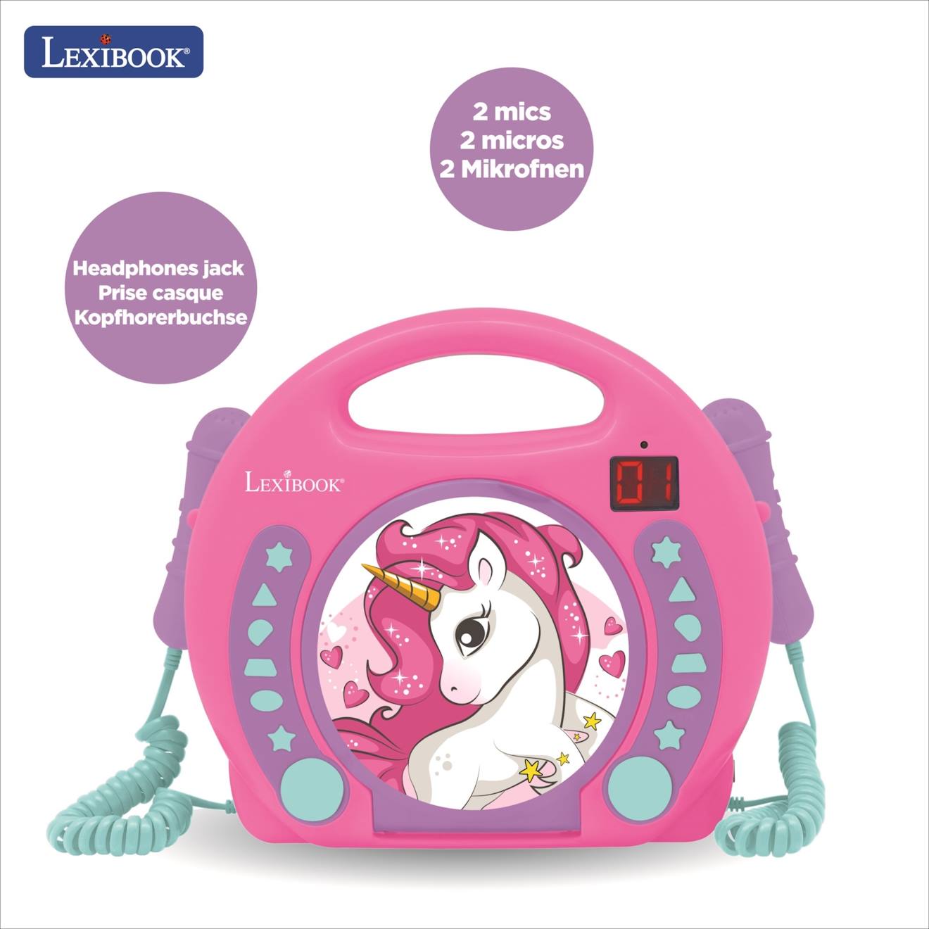 Lexibook - Lecteur Cd Portable Avec 2 Microphones Coloris Licorne Multicolore