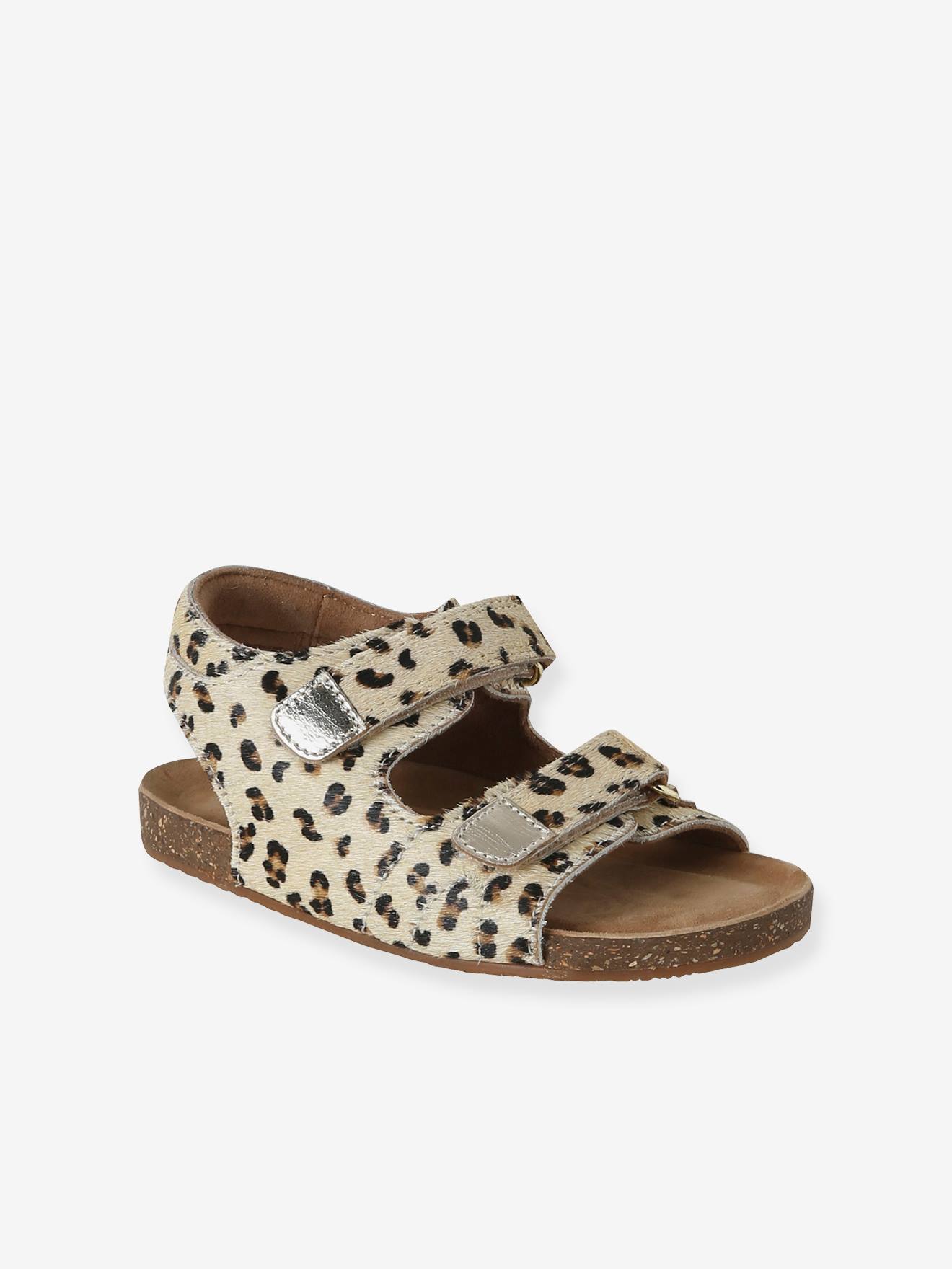Sandales scratchées cuir motif léopard enfant beige imprimé